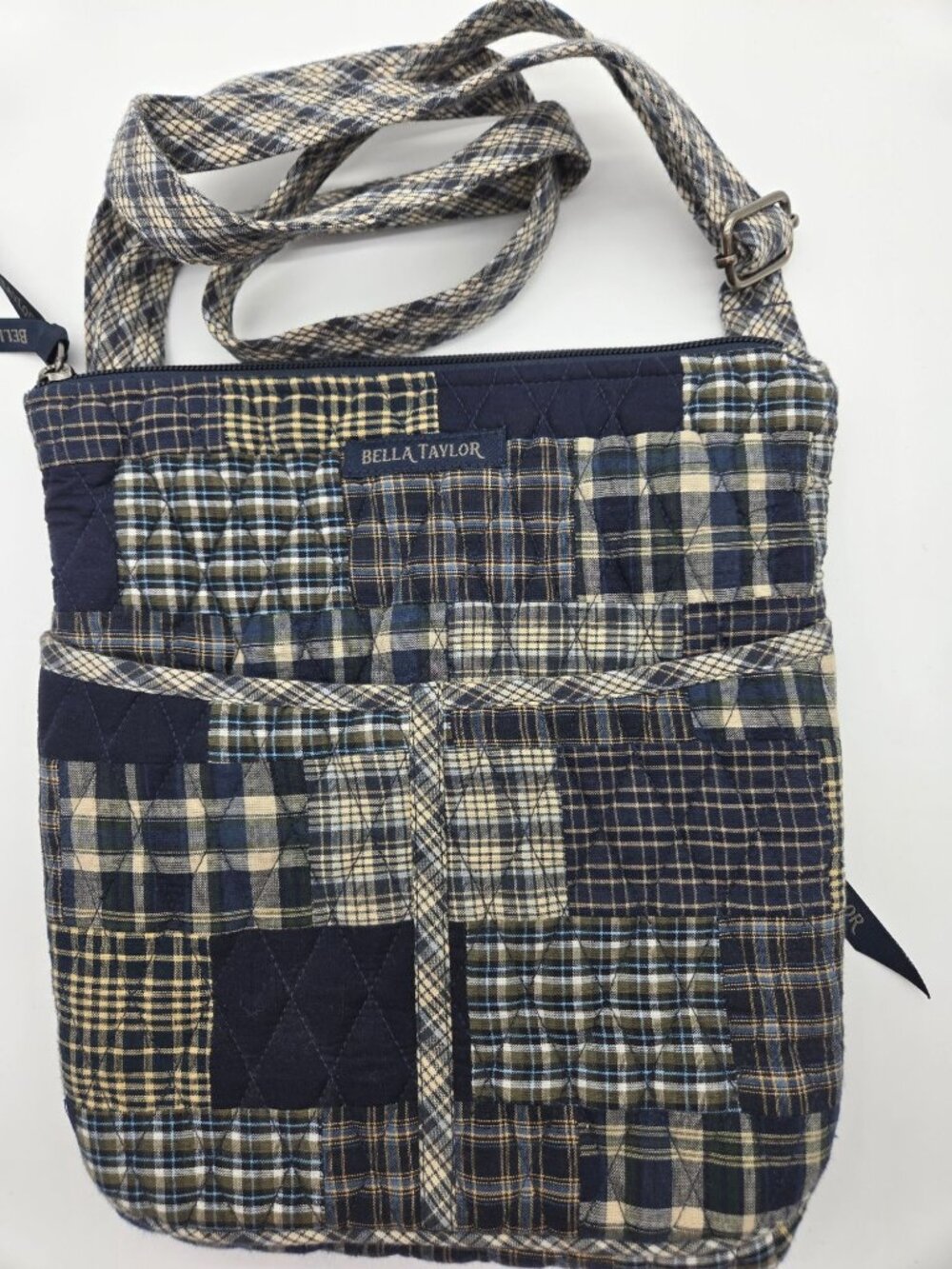 Bella Taylor Navy Blue Plaid Patchwork Quilted Crossbody Bag Y2K EUC